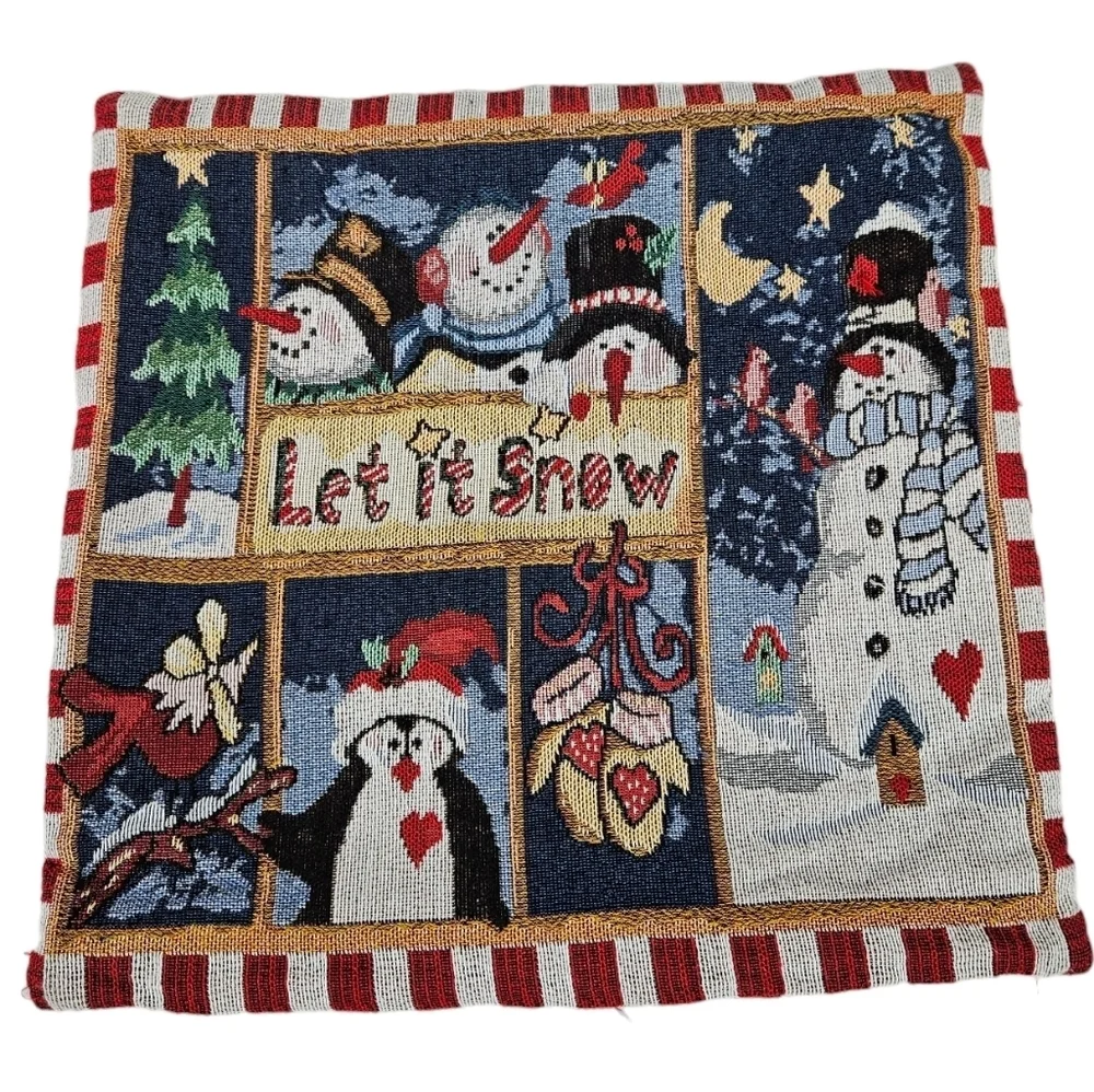 Christmas Tapestry Throw Pillow Cover Penguins & Snowmen 17